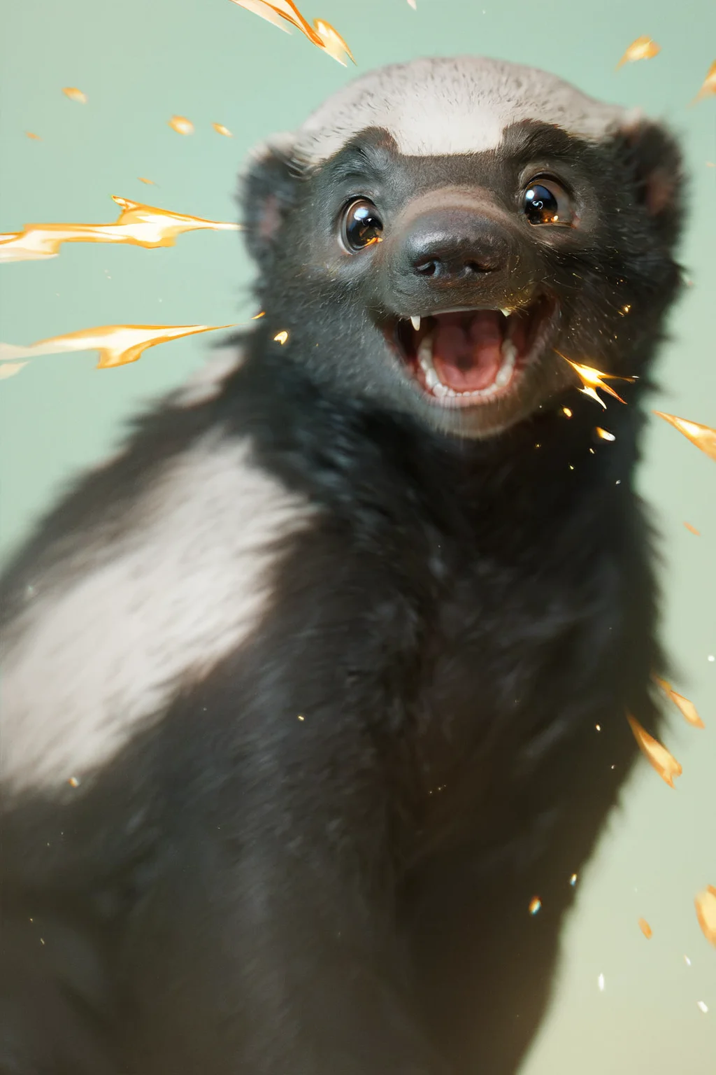 score_9, score_8_up, score_7_up, score_6_up, score_5_up, score_4_up, <lora:HoneyBandgerPDXL:1> honeybadger, white fur, black fur, happy, kawaii, big round eyes, <lora:Expressive_H:0.7> Expressiveh, sparks