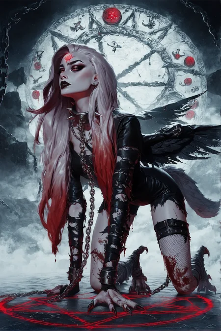 score_9, score_8_up, score_7_up, score_6_up, Dark beauty, close face, beautiful girl, blonde and red hair, long hair, wolf, on all fours, heavy chains, black leather, spiked collars, torn fishnets, dark eyeliner, smoky eyeshadow, pentagram symbols, silver daggers, occult symbols, flickering lanterns, blood-stained walls, eerie fog, haunted mansions, cracked stone floors, ancient runes, raven wings, velvet chokers, cursed relics, sharp talons, sinister grins