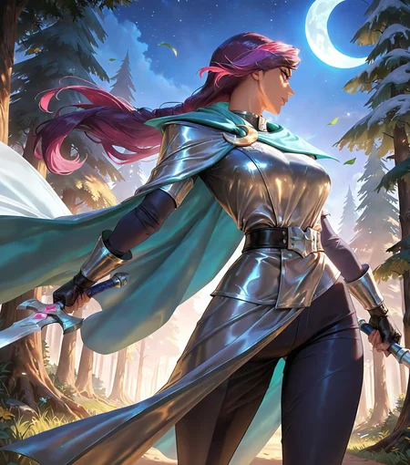 <lora:Fiora_league:0.8> f1ora, solo, purple hair, official art, Moonlight Ranger, glowing silver cloak, crescent bow, moonlit forest, vigilant gaze, masterpiece, best quality, amazing quality, <lora:cfg_scale_boost:0.5>,