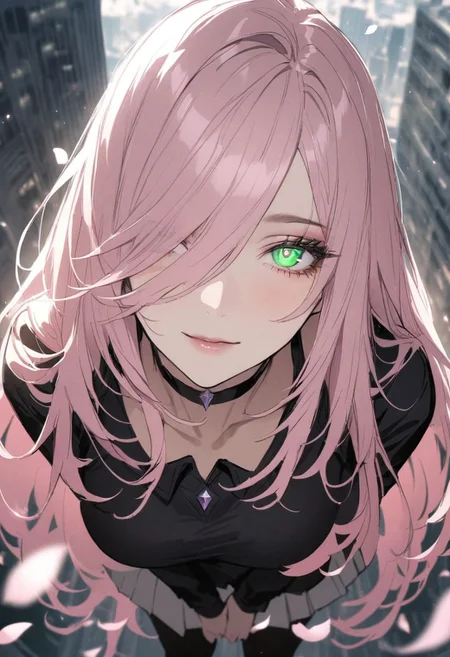 1woman, solo, long hair, pink hair, black choker, green eyes, one eye covered by hair, eyeliner, gorgeous lips, tights, medium breasts
cinematic, (masterpiece), (best quality), (ultra-detailed), very aesthetic, illustration, detailed eyes, perfect eyes, detailed face, (beautiful detailed face, beautiful detailed eyes) ,extreme details eyes
planet size, solo, 1girl, defCyn, very long hair, hair over one eye, symbol-shaped pupils, eyelashes, large breasts, facial expression, loving, light smile, head tilt, soft eyes, dreamlike atmosphere, glowing edges, mystical, high contrast, ethereal light, light particles, gl0w, glow, gradient eyes, high gradient eyes, detailed eyes, high definition eyes, standing, black dress, white skirt, pleated skirt, black pantyhose, outdoors, day, petals, (leaning forward on building:1.3), cloudy sky, blurry foreground, angle view, skyscraper, (building size:1.4), giantess, masterpiece, best quality, absurdres, ultra