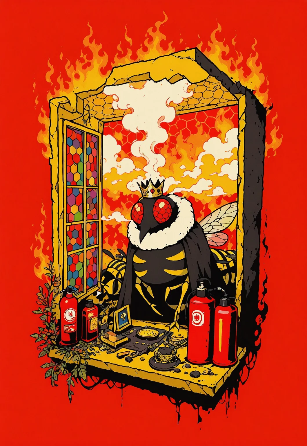 portrait, bee, insect, crown, royal, cape, solo, compound eyes, :>,
office, looking outside, honeycomb, fire extinguisher, fire,
high contrast, full composition,
cloud, smoke, head steam, yellow background, red background,
vdsur, colorful, lukch, painting_\(medium\),
highres, absurdres, amazing quality, best quality