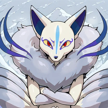 High quality, amazing detail, furry, Frostail, silver fur, gray fur, fox, nine tails, multiple tails, blue face markings, yellow sclera, red eyes, neck tuft, solo, upper body focus, face close up, arms crossed, looking at viewer, stern expression, outside, snowy
