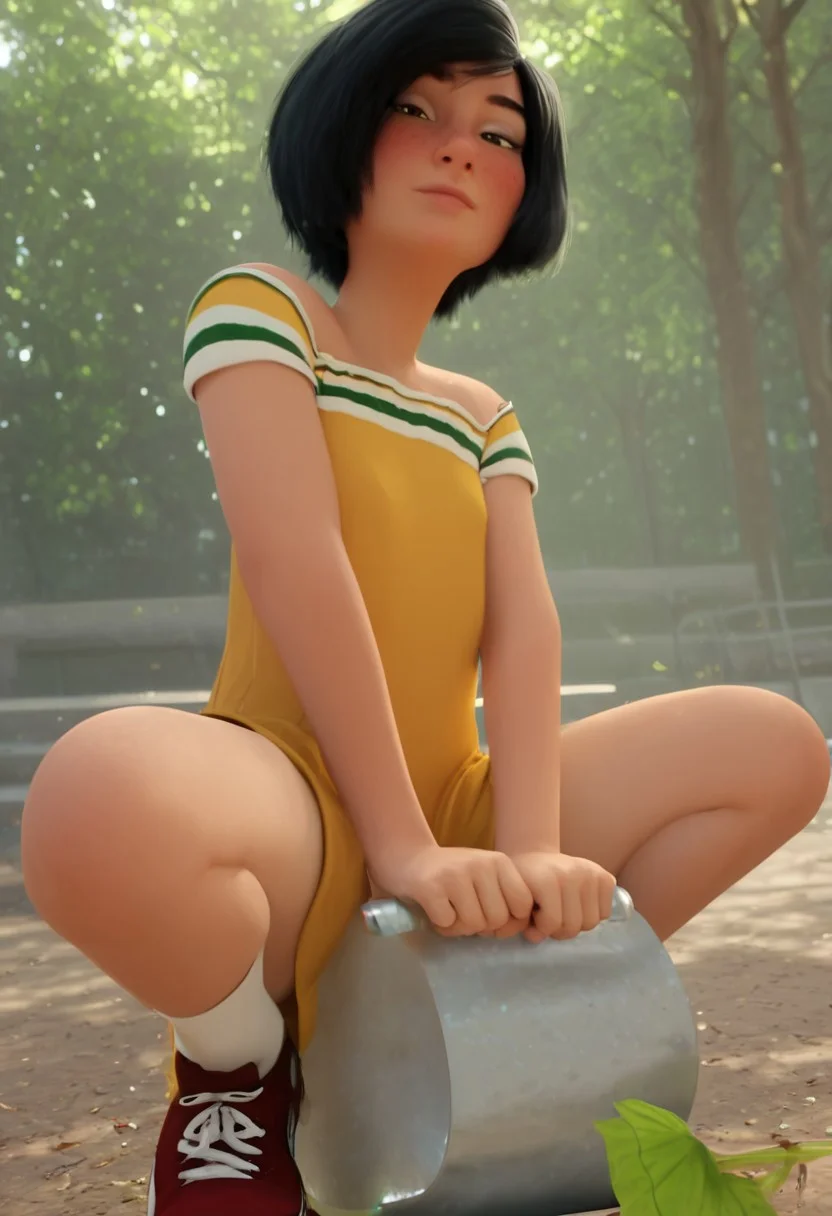 mariolina_yellow_rtzbb, 1girl, tanned skin, short black hair, thick eyebrows, dark green eyes, freckles, small yellow dress with with green and white strides (green pocket on the right bottom side of her dress), short sleeves, long white socks, red sneakers with white laces, score_9_up, score_8_up, score_7_up, BREAK, 1girl, solo, from below, head tilt, squatting, thug, tomboy, looking at viewer, ultra detailed, detailed background, park, masterpiece, best quality, 8k, Expressiveh, realistic, 3d, portrait, cowboy shot, flat chest, handfixer, profile, from side, arms crossed on legs,