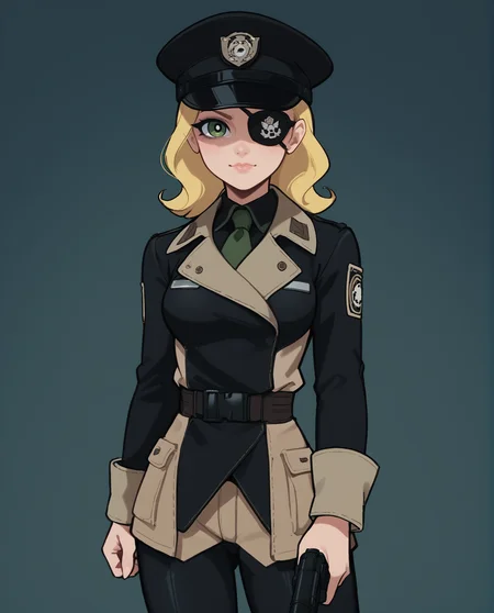 score_9, score_8_up, score_7_up, source_anime BREAK (1girl),cowboy shot, blonde hair, curly hair, hat, cap, peaked cap,eyepatch,holding gun, green eyes, upper body, detailed eyes, enclaveuni,wearing uniform, in dark bunker,dark room, cinematic lighting, <lora:Fallout_-_Enclave_Officer_Uniform:0.7> <lora:powerpuff_girls_Kim_Crab_style:1>