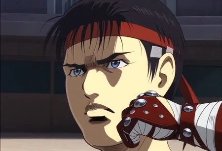 score_9, score_8_up, score_7_up, detailed background, cromartie, 1 boy, shade face, cromartie, cestanim, red headband, short black hair, bangs, blue eyes, cestus, bandaged hands, studded red gloves, red belt with three studs, plain white kilt, red sandals, toned body, bandaged ankles, upper body, angled view, serious expression,
