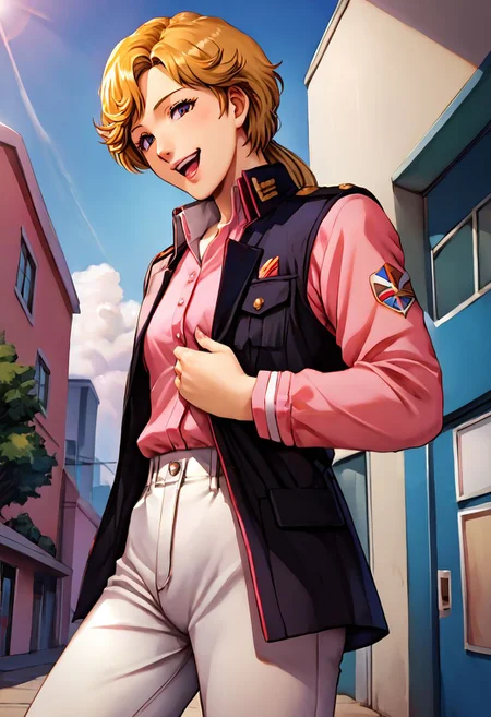 score_9, score_8_up, score_7_up, source_anime,
Frederica
hair ribbon, (best quality) , (highly detailed) ,masterpiece ,absurdres ,detailed face ,beautiful face ,(detailed eyes, deep eyes, anime eyes), 
1girl,solo,female,kawaii,cowboy_shot,pink shirt,shirt,short hat,black jacket,military uniform,white pants,cowboy_shot,hands_on_own_chest,smile,laughing,