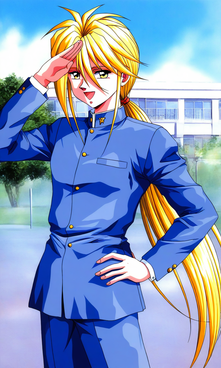 general,highres, ultra-detailed,very aesthetic,best quality ,best hands, BREAK <lora:Ijuuin_Rei_Tokimeki_Memorial_IS:1>
Ijuuin_Rei(Tokimeki_Memorial),  blonde hair, yellow eyes, hair between eyes, breasts, 
1boy, solo, male focus, long hair, school uniform, ponytail, hand on hip, open mouth, smile, day, salute, sky, 1990s (style), long sleeves, blue sky, standing, looking at viewer, :d, outdoors, pants, very long hair, low ponytail, gakuran, cowboy shot, building