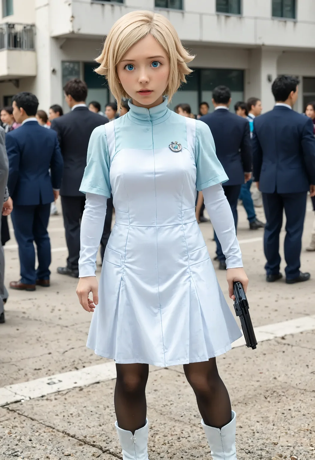 <lora:Hyper-SDXL-8steps-lora:1> <lora:Fixhands_anime_bdsqlsz_V1:1> zPDXL2, score_9, score_8_up, score_7_up, source_anime, intricate details, perfect anatomy BREAK
outdoors, city, tokyo, japan, audience, crowd, standing, holding gun, cowboy shot, Confused, Wide-open eyes, a slightly furrowed brow, and a slightly open mouth., 1girl, solo, solo focus, 
<lora:GAGE-unoa_asuno_XL(pony)v10:1> GAGE-AG164unoa, milf, blonde hair, short hair, blue eyes, GAGE-AG164unoa outfit, white dress, white skirt, black pantyhose, white boots, turtleneck,