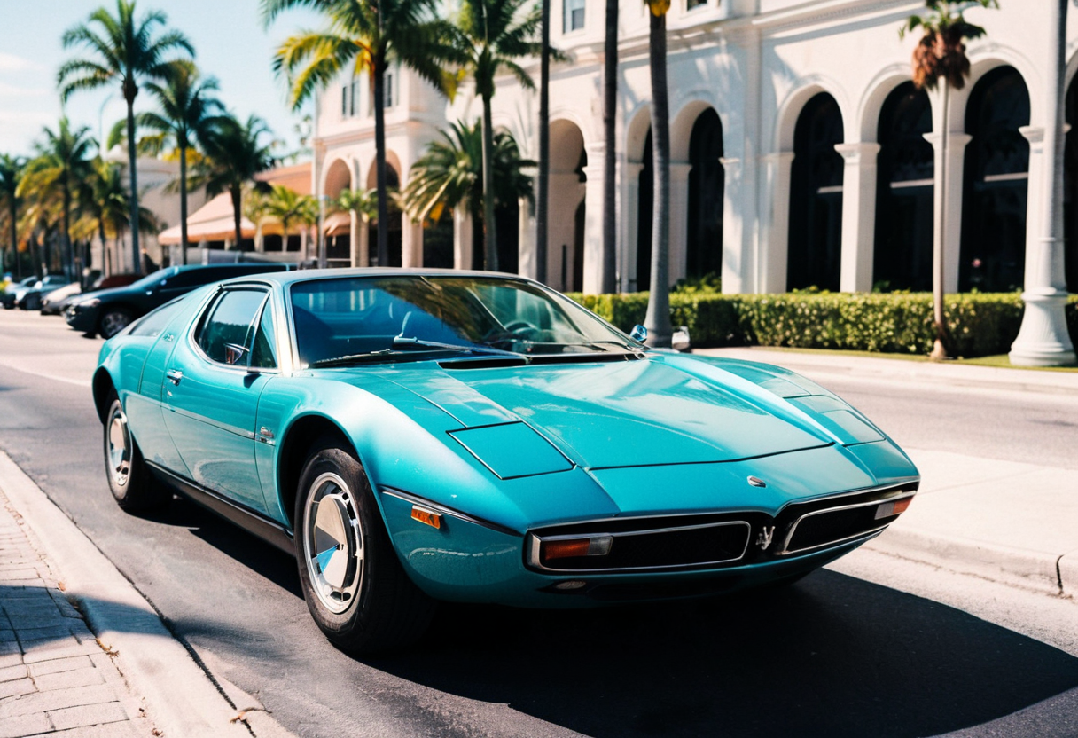 ClassicSportsCar, gleaming pastel teal Maserati Bora, side front view, sunny Miami avenue, palm trees, 4K, highly detailed, (((stylish grainy analog 35mm film photo)))
