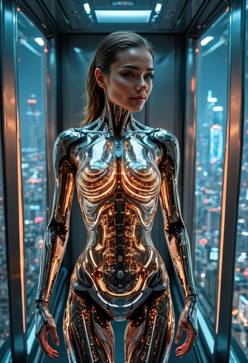 FULL BODY SHOT, extremely detailed, 8k, BEAUTIFUL FEMALE ANDROID (SEDUCTIVE SMILING:1.5), looking at the camera, IN A HIGH TECH FUTURISTIC LIFT OVERLOOKING THE CITY, LEDS,BIOMECHANICAL BODY PARTS, (glass TRANSPARENT ULTRA DETAILED BODY:1.5) SHOWING CIRCUITRY INSIDE THE BODY, Detailed hand, (DYNAMIC POSES:1.5), Perfect hand, ],ANDROID