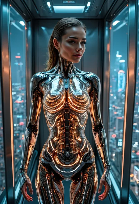 FULL BODY SHOT, extremely detailed, 8k, BEAUTIFUL FEMALE ANDROID (SEDUCTIVE SMILING:1.5), looking at the camera, IN A HIGH TECH FUTURISTIC LIFT OVERLOOKING THE CITY, LEDS,BIOMECHANICAL BODY PARTS, (glass TRANSPARENT ULTRA DETAILED BODY:1.5) SHOWING CIRCUITRY INSIDE THE BODY, Detailed hand, (DYNAMIC POSES:1.5), Perfect hand, ],ANDROID