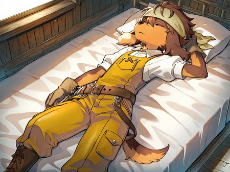 BREAK, <lora:Jin_Macchiato:1>, jin macchiato, fuga: melodies of steel, kemono, furry male, young male, 1boy, dog boy, scar, dark brown fur, light brown fur, multicolored fur, brown eyes, brown hair, hair between eyes, sidelocks, dog ears, long ears, floppy ears, dog tail, snout,
BREAK, Fuga 2 Outfit, brown boots, yellow overalls, wide leather belt, toolbelt, tools, white button-up shirt, short sleeves, puffy sleeves, gloves, bandana,
BREAK, solo, inside, bed, sleeping, :3