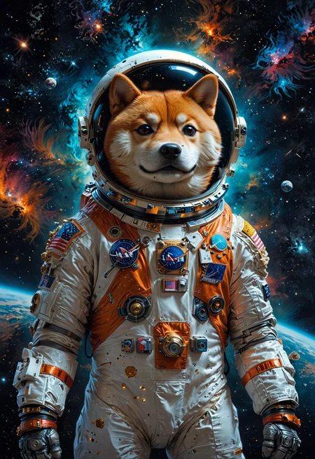 A magnificently detailed Shiba Inu Astronaut floats gracefully amidst the vast expanse of deep space. The astronaut is depicted in a hyper-realistic painting, showcasing intricate fur details, a perfectly tailored space suit, and a whimsical helmet reflecting the stars. This stunning masterpiece captures the essence of exploration and wonder, with a level of realism that is truly awe-inspiring. <lora:MJ52:0.3>  <lora:SDXLFaeTastic2400:0.4>  <lora:EpicF4nta5yXL:0.7>