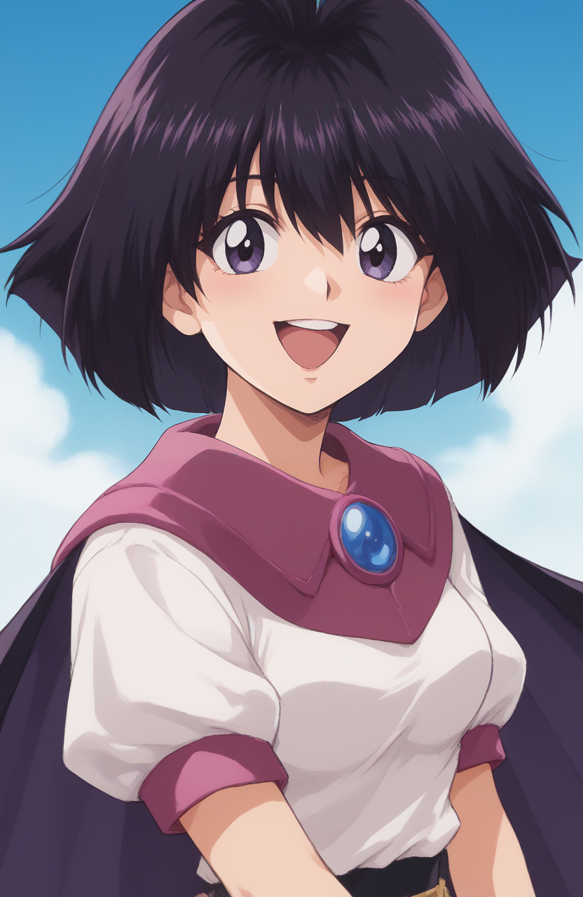 score_9, score_8_up, score_7_up, score_6_up, BREAK, source_anime, rating_explicit, masterpiece, best quality, detailed background,<lora:Amelia_PONY:1>
1girl, amelia, short hair, retro artstyle, 1990s \(style\),  cape, shirt,  smile, open mouth, big mouth, close up, smug,big moth, from side, dutch angle,
