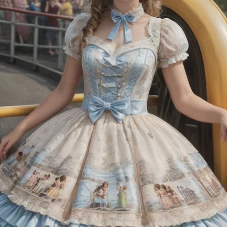 stunning detail, photorealistic, hyperdetailed photography, a girl wearing a sweetegl dress riding a roller coaster. <lora:sweetlolitaxl3.5-12:1.0>