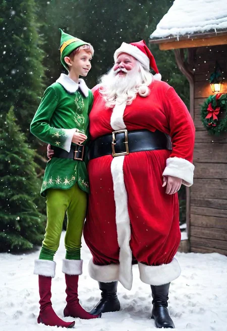Raw photo of ((skinny elf boy)) meet fat Santa claus, elf boy wearing green clothes, fat Santa wearing red clothes, snowing:1.2, (text "Merry Christmas"),