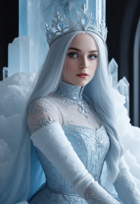 A detailed Gothic tower made of transparent ice with blue shades stands tall. At its base, there are orange desert sands. The sky above is beautiful with fluffy clouds. Ice crystals decorate the tower.
BREAK
1girl, solo, most beautiful 23 yo girl.
At the top, the Snow Queen looks out of a window. Her blue eyes, without pupils, express sadness. She has white skin and wears luxurious medieval winter clothing. Her light blue hair is straight and fluffy like snow, and she wears an ice crown on her head.
(ice interior)
(8k uhd:1,4)
<lora:add-detail-xl:1>
<lora:Dynamic Poses:1>