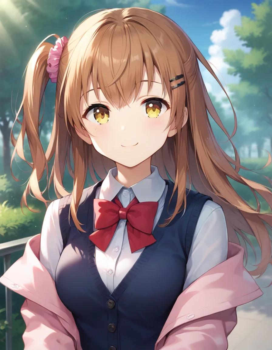 score_9,score_8_up,score_7_up,score_6_up BREAK official art,solo,outdoors,smile,upper body,(portrait:1.5),looking at viewer,facing viewer,Himeno Sena,long hair,brown hair,one side up,hair scrunchie,hairclip,hair ornament,sidelocks,floating hair,bangs,yellow eyes,pink cardigan,open cardigan,school uniform,black vest,red bowtie,collared shirt,white shirt,long sleeves,medium breasts,skindentation,blue skirt,miniskirt,plaid skirt,pleated skirt,black pantyhose,loafers,<lora:Himeno Sena(ksak)-Pony>,<lora:Smooth Anime Style LoRA XL:0.8>,
