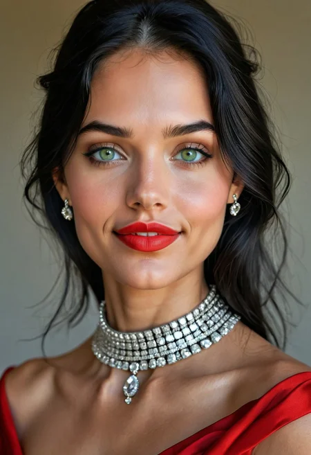 photorealistic, epic realism, (masterpiece), (Realistic photo), (High quality), (RAW photo 8k), (upper body), (Photography by Steve McCurry), incredibly absurdres, young, supermodel, 1girl, solo, ((upper body:1.4)), ((portrait, looking at the viewer)), (outline defined full lips:1.4), (green/hazel eyes), perfect symmetrical eyes, long eyelashes, wearing an red haute couture dress, neckline, diamond choker, diamond stud earrings, sparkle, (highly detailed, intricate), ((black hair:1.4), modern hairstyle, hair intakes, (healthy hair, silky hair, voluminous hair)), ((natural, eyeliner, seductive smiling expression, closed mouth, closed lips, highly detailed face)), (exceptional Detail Clarity, dynamic angle, DSLR, hyper-detailed), (fine details, sharp focus, depth of field).
