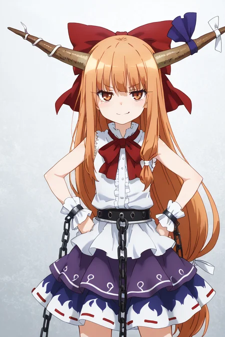 masterpiece, best quality, 1girl, solo, 21 year old model, eyelashes, (beautiful eyes), ,,, <lora:IbukiSuikaTouhouIXL:1.0>, zzSuika, brown eyes, hair bow, horns, long hair, low-tied long hair, oni horns, orange hair, very long hair, horn ribbon, sleeveless shirt, wrist cuffs, bow, ribbon, horn ornament, sleeveless, chain, skirt, shirt, cowboy shot, hand on hip, smug, smile, looking at viewer, shiny skin,<lora:PrismaIllyaIXL_v2:1.0>,