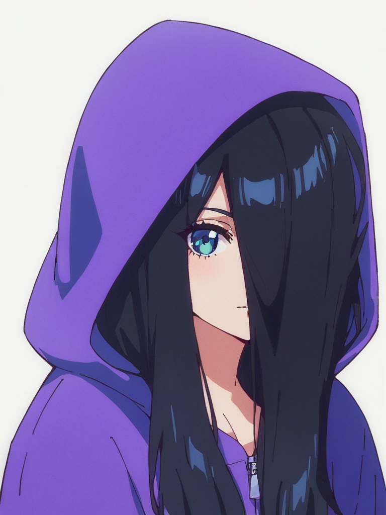 score_9, score_8_up, score_7_up,  
1girl, zenshu, black hair, long hair, hair over one eye, upper body, looking at viewer, white background, purple hoodie, hood up, hood,
