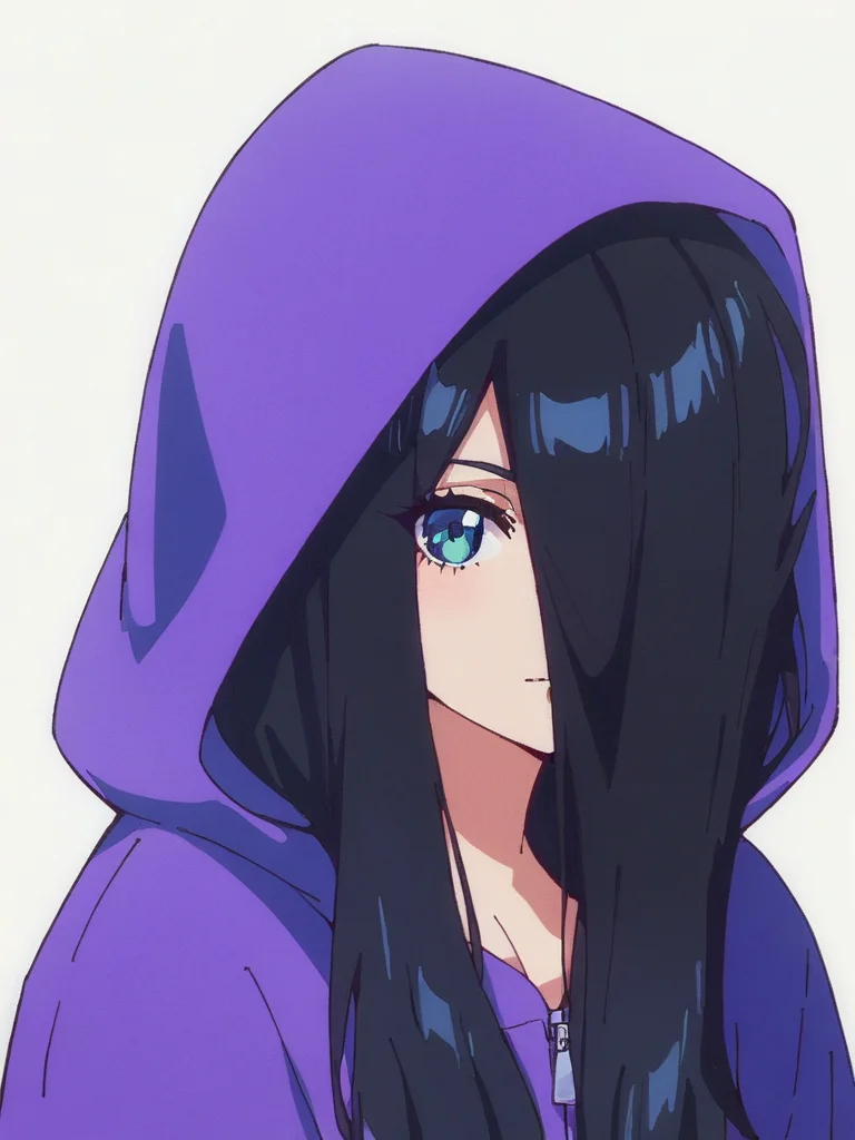 score_9, score_8_up, score_7_up,  
1girl, zenshu, black hair, long hair, hair over one eye, upper body, looking at viewer, white background, purple hoodie, hood up, hood,