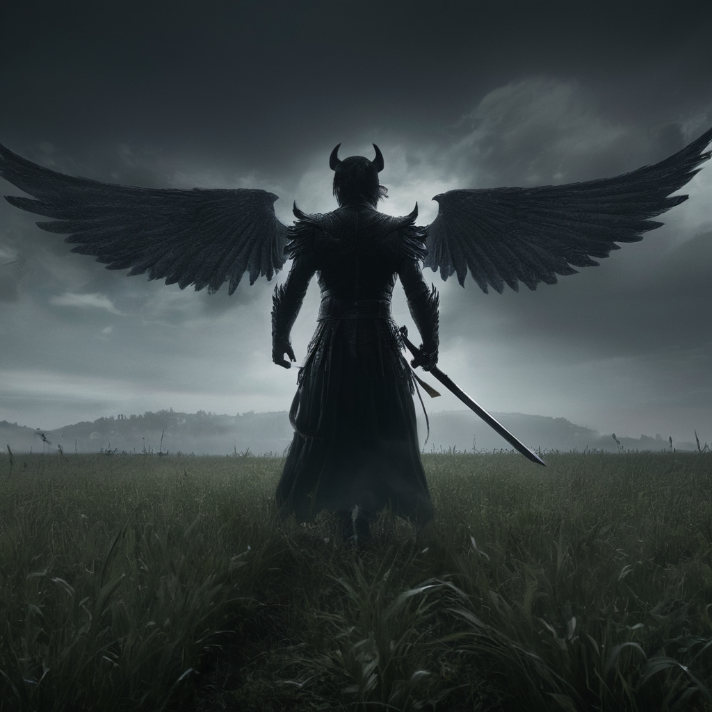 Horror-themed,  <lora:Demon Girl:0.8>
Demon Girl a man with a sword and wings in a field,devil,Demon Girl style,holding,weapon,male focus,multiple boys,wings,sword,holding weapon,armor,holding sword,helmet,polearm,feathered wings,6+boys,spear,angel wings,angel,silhouette,full armor,multiple wings , realistic, sharp, detailed, classic, 1990's, horror, photography, artistic, perfect teeth, crazy, Eerie, unsettling, dark, spooky, suspenseful, grim, highly detailed