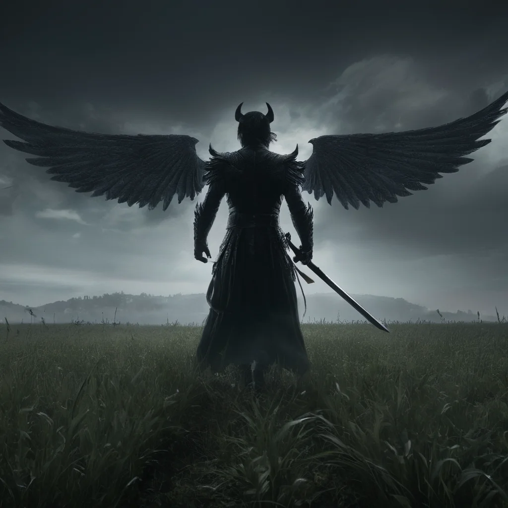 Horror-themed, <lora:Demon Girl:0.8>
Demon Girl a man with a sword and wings in a field,devil,Demon Girl style,holding,weapon,male focus,multiple boys,wings,sword,holding weapon,armor,holding sword,helmet,polearm,feathered wings,6+boys,spear,angel wings,angel,silhouette,full armor,multiple wings , realistic, sharp, detailed, classic, 1990's, horror, photography, artistic, perfect teeth, crazy, Eerie, unsettling, dark, spooky, suspenseful, grim, highly detailed