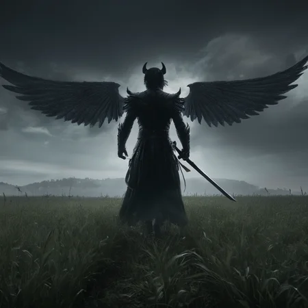 Horror-themed, <lora:Demon Girl:0.8>
Demon Girl a man with a sword and wings in a field,devil,Demon Girl style,holding,weapon,male focus,multiple boys,wings,sword,holding weapon,armor,holding sword,helmet,polearm,feathered wings,6+boys,spear,angel wings,angel,silhouette,full armor,multiple wings , realistic, sharp, detailed, classic, 1990's, horror, photography, artistic, perfect teeth, crazy, Eerie, unsettling, dark, spooky, suspenseful, grim, highly detailed