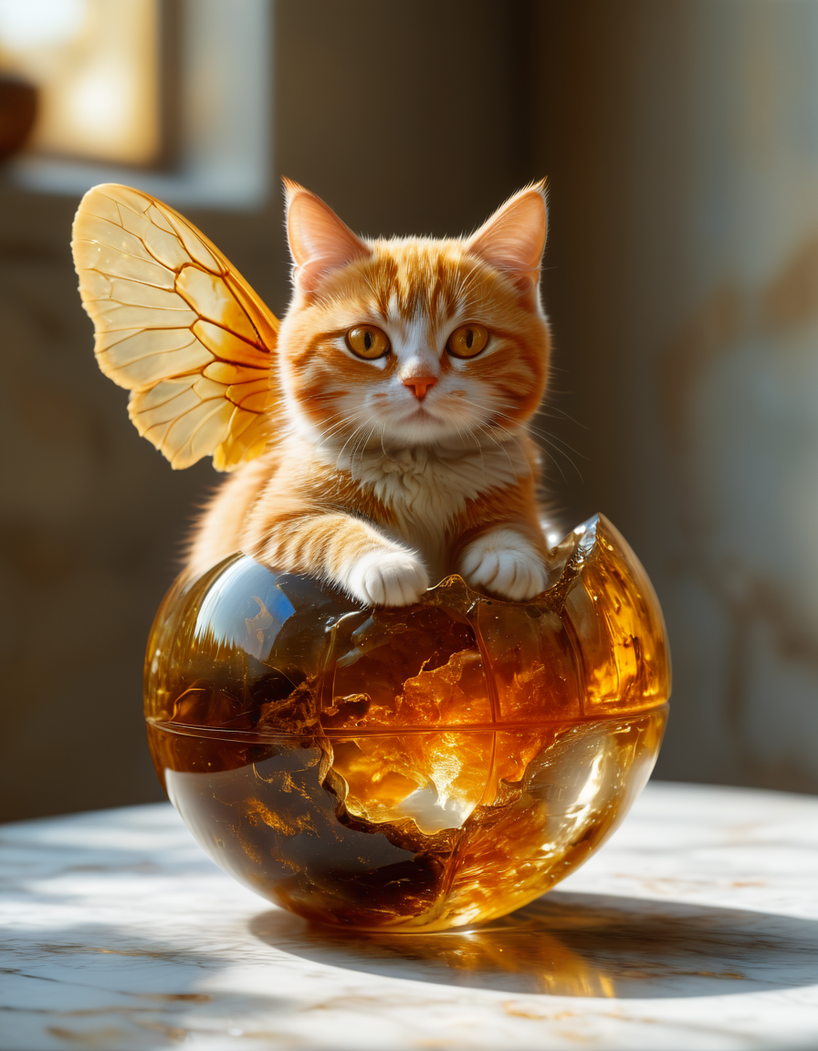 improved cinematic photo, 35mm photograph, film, professional, 4k, highly detailed,
An amber fragment enclosing a cat,
The amber fragment is a smooth, slightly irregular sphere, roughly the size of a marble, with a warm golden-brown hue. Its surface is polished, gleaming softly under light, revealing a mesmerizing play of golden, honey, and orange tones. Tiny air bubbles and organic inclusions are scattered throughout, lending it a sense of antiquity and natural complexity.
Inside, a perfectly preserved cat lies suspended in time, its delicate body encased in the translucent amber. The cat's fragile wings are intricately veined, spread slightly as if caught mid-flight, shimmering faintly under the amber’s glow. Its slender legs are bent, and its long proboscis is clearly visible, emphasizing its ancient yet recognizable anatomy.
Around the cat, subtle striations and minute organic fragments, possibly plant material or dust, create a vignette that frames the insect. The amber’s clarity varies in places, with some sections slightly cloudy, further accentuating the cat as the focal point. The fragment feels timeless, a tiny time capsule offering a glimpse into a prehistoric world millions of years ago