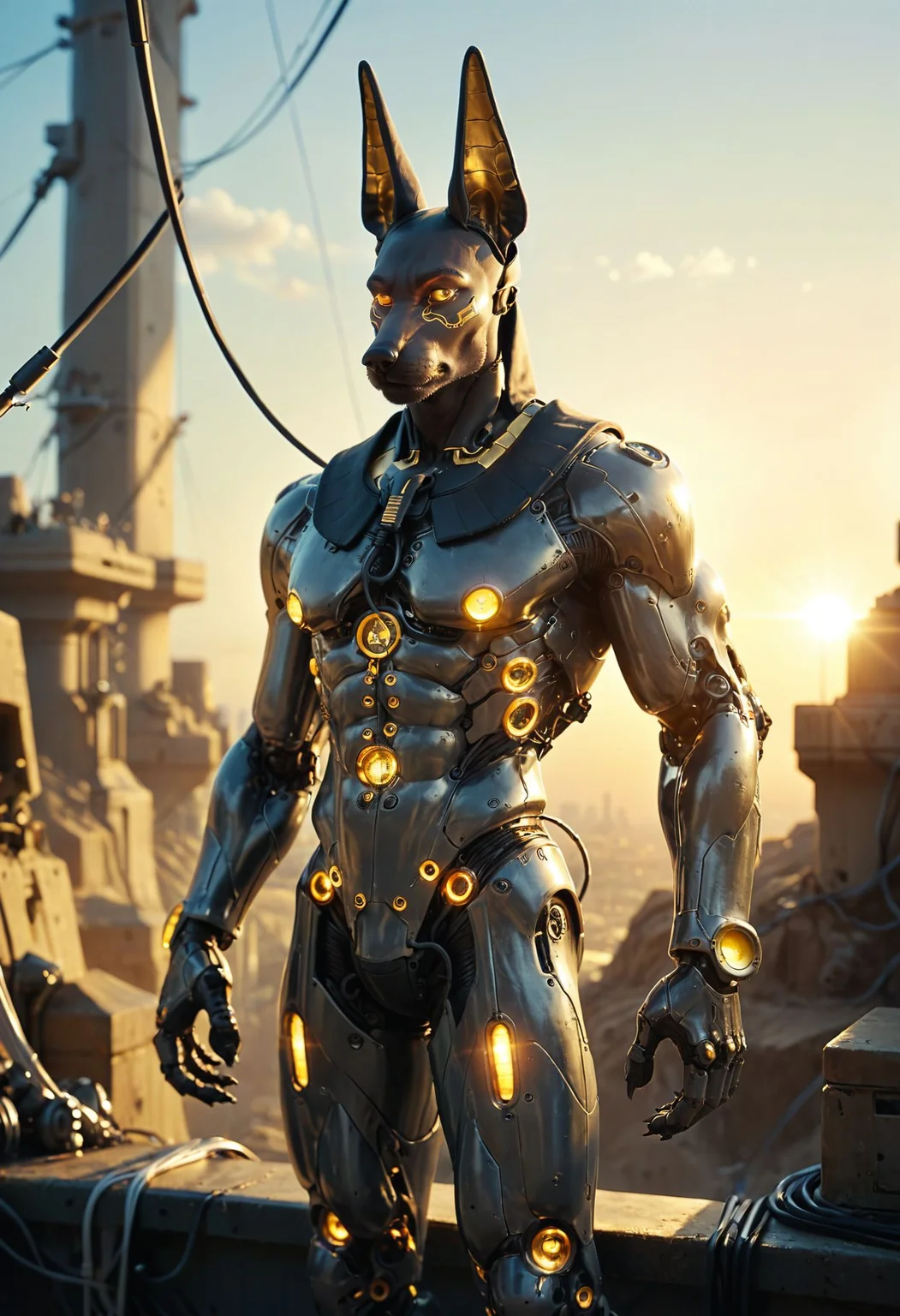 score_9, score_8_up, score_7_up, (anubis god:1.55), anubis face,
god rays, light, gold and black skin, sky, advntr, reelmech, mechanical parts, cable, wires, machinery, joints, body suit, glowing, glowing eyes, black hair, .score_9, score_8_up, score_7_up,score_6_up,
<lora:RM_MechArmor_v1.8:0.7> Power Suit, Advanced Gear , Futuristic