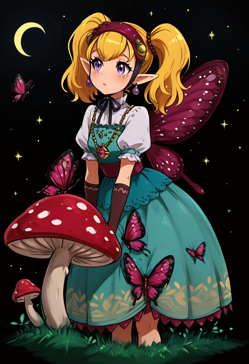 masterpiece, best quality,  <lora:StylizedNightscape_IXL:1.0>,   N1ght, simple background, flower, water, leaf, moon, bug, plant, black background, butterfly, star (sky), mushroom, crescent moon, (giant mushroom),    zzAgitha, purple eyes, blonde hair, hair ornament, hairband, pointy ears, twintails, jewelry, earrings, gloves, dress, butterfly wings, ,<lora:AgithaZelda_IXL:0.7>,
