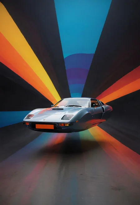 Made of bold lines, vertical lines, 3d deep depth effect, Stretching shadows, Flying hovering Car, a Vintage hovering super car, Hovering_Car, A road stretches behind her head, colorful depth of lenticular, bold lines async, deep blacks,