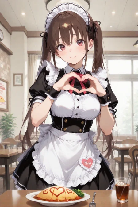 masterpiece, top quality, absurdres very aesthetic, general, intricate details, clean thin outline, newest, very awa, very as2, amazing quality,
1girl solo, cowboy shot, maid cafe, maid fashion, heart hands, moe moe kyun!,
food art omurice with gravy sauce on table, cocktail glass,
indoors,