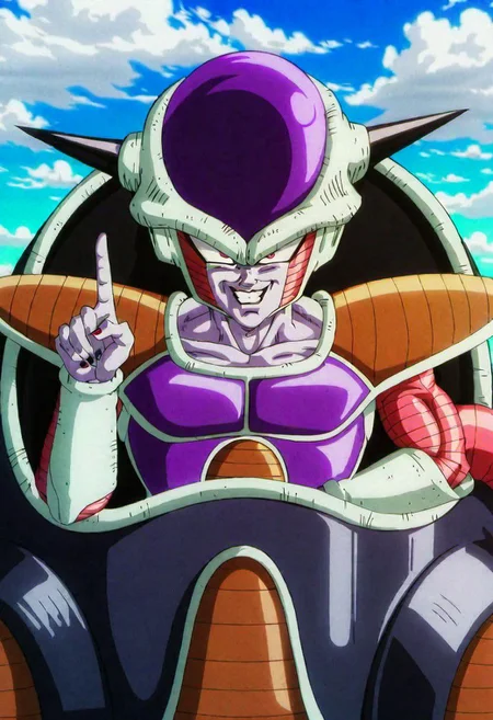2D Portrait 1Frieza in a Ship, (best quality, masterpiece, detailed, highly detailed face) (Smiling:1.6), (with one hand raised and with one finger pointing up and the finger is generating a ((ball of energy)):1.0) (high definition face:1.0),(detailed eyes:1.0) open mouth, red eyes,8k,(Shutter), (solo), ((amazing perspective)), profesional composition ,