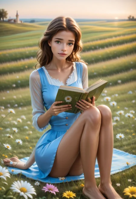 realistic, hd, sharp quality, very high resolution, 1girl, cute Belle, 18yo, (original style:1.2), (cute face, detailed face:1.1), flirty, pleased peaceful Belle is lying on front, legs up, in high grass on a hill, flowers, looking her book, reading a book, light blue dress, white shirt, perfect exposure