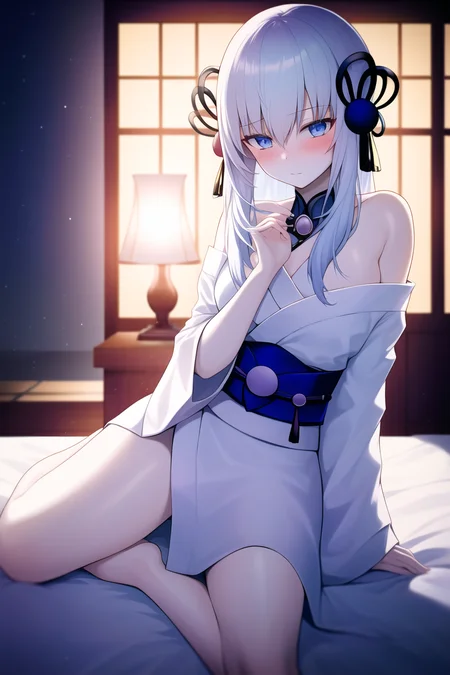 masterpiece, best quality, <lora:YukiOnnaYGOv2-20:0.8>,
YukiOnnaYGO, IceMayakashi , 1girl, pale skin, solo, looking at viewer, indoors, luxurious , Japanese bedroom , cozy , blush, sitting on bed, bed_sheet, night, warm lighting , bare legs, thighs
