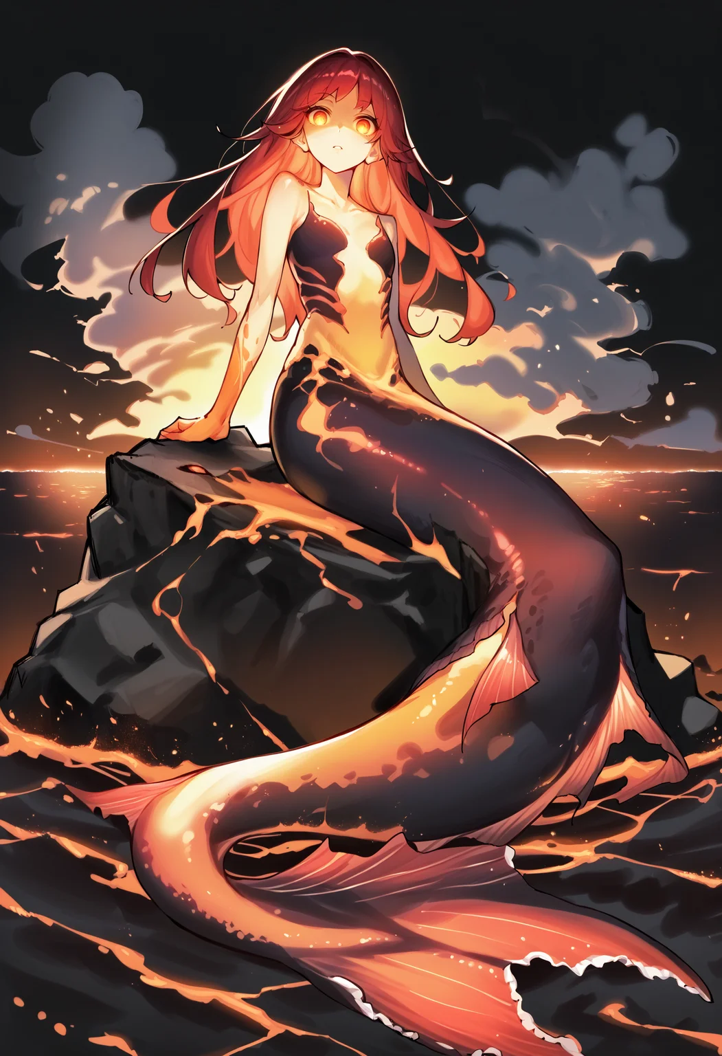 score_9, score_8_up, score_7_up, score_6_up, source anime, dark theme, black background,
bioluminescence, 1girl, arm support, looking at viewer, glowing eyes, cloud, collarbone, colored skin, red glow, fins, fish tail, full body, glowing, horizon, lava, long hair, mermaid, monster girl, ocean, on rock, orange skin, original, outdoors, overcast, parted lips, red hair, rock, sky, smoke, solo, tail, water,
from below ,
black background, backlighting,
masterpiece, best quality, very aesthetic, absurdres
<lora:bioluminescence_monmusu_v15:1>