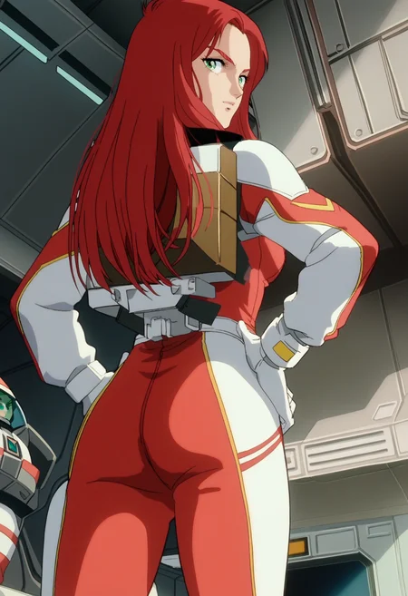 score_9, score_8_up, score_7_up, score_6_up, anime screencap, anime coloring, <lora:G0080CMV1_epoch_8:0.9>, G0080CM, red hair, green eyes, long hair, breasts,
pilot suit,
standing, ass, looking at viewer, looking back, hand on own hip, from below,
BREAK hangar, indoors,