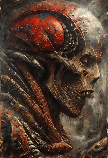 Space warrior portrait oil stains mixed with (((doom sleer))) caste. wearing a Soviet space suit with a red star on the helmet,USSR, H. R. Giger style but depicted as an oil painting, solo portrait, oil painting, masterpiece,best quality,style of H. R. Giger.
