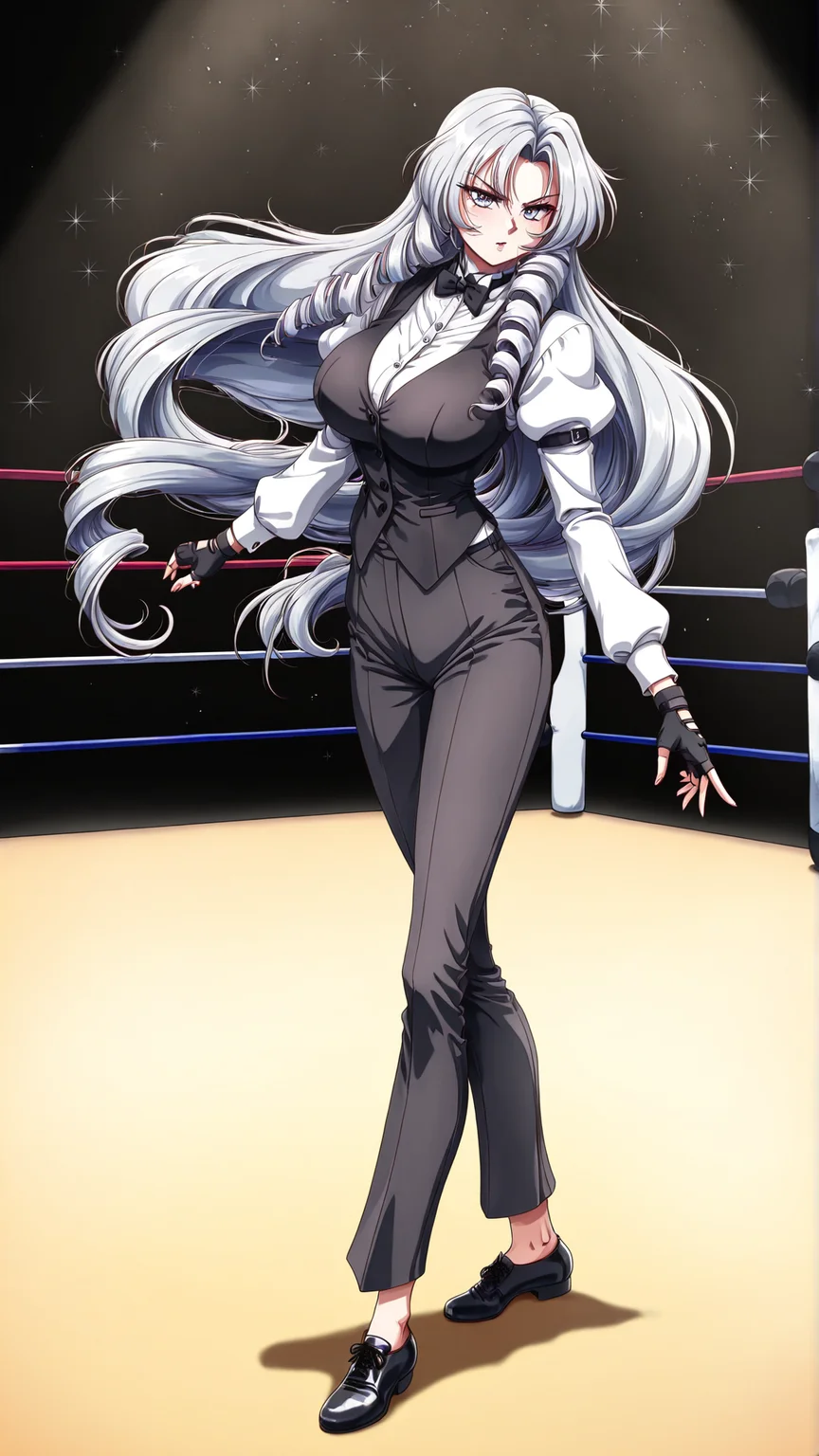 masterpiece, best quality, anime coloring, wrestling ring, spotlight, 
1girl,solo, dynamic pose, 
 <lora:Reimi-Jahana_lL_v01:1> reimi-jahana, very long hair, drill hair, silver hair, long sleeves, black bowtie, pants, shirt, bartender, black vest, large breasts, dress shirt, puffy sleeves, black footwear, fingerless gloves, (age up:1.35)