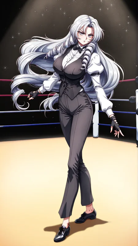 masterpiece, best quality, anime coloring, wrestling ring, spotlight,
1girl,solo, dynamic pose,
<lora:Reimi-Jahana_lL_v01:1> reimi-jahana, very long hair, drill hair, silver hair, long sleeves, black bowtie, pants, shirt, bartender, black vest, large breasts, dress shirt, puffy sleeves, black footwear, fingerless gloves, (age up:1.35)