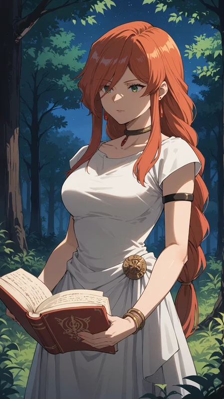 score_9,score_8_up,score_7_up,score_6_up, <lora:xl_more_art-full_v1:0.5>, source_anime, woman, dynamic pose, reading a book, <lora:Flamme - Pony-000004:0.8>, long hair, red hair, single braid, long braid, hair over one eye, green eyes, necklace, red earrings, white dress, white robe, ancient greek clothes, short sleeves, bracelet, black armlet, nature, forest, night sky, night time, darkness,