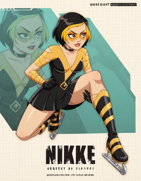 score_9, score_8_up, score_7_up, score_6_up, blackmyst-dh BREAK, 1girl, solo, short hair, black hair, gold hair, multicolored hair, choker, domino mask, makeup, lipstick, gloves,black dress, boots, ice skates, IncrsNikkeProfile, full body, zoom layer, on one knee, glowing, aura <lora:Golden_Glider_Kite_Man_r1:0.7> <lora:NikkeProfileV2_XLPD:1>