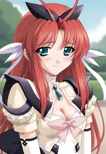 score_9, score_8_up, score_7_up, score_6_up, score_5_up, score_4_up, masterpiece, source_anime, 1girl, c tear, long hair, red hair, antenna hair, aqua eyes, hair ribbon, hair bow, ribbon, dress, cleavage cutout, white underbust, black armor, white elbow gloves, blue brooch, pink bowtie, outdoors, day, depth of field, upper body, blush, looking at viewer, light smile, <lora:Tear_Pony_c:1>