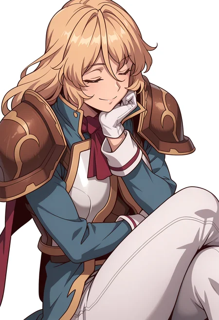 Smooth Quality,masterpiece,very intricate, high quality details, ultra realistic, high detailed skin,detailed enviorement,absurdres,
simple background, white background,
sideways,closed eyes,sitting, legs crossed, hand on chin, smiling, relaxed, ,
<lora:Blade_cnn:0.8>bladecnn,1girl, blonde hair, green eyes, long hair, armor, uniform, long sleeves, gloves, white pants, ascot,shoulder armor,cape, coat,