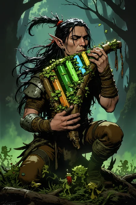 A wood elf warrior with intricate vine tattoos plays a panflute carved from the branch of an ancient forest spirit. Silver leaves are embedded along its length, each glowing with soft green light. The panflute's pipes are made from different colors of crystal, ranging from deep emerald to pale jade. Bioluminescent moss grows naturally between the pipes, pulsing softly with each note. Small woodland spirits made of mist and leaves dance around the musician's feet. , detailed background Fantastic lighting. Detailed shadows.intricate details, vivid colors, hyper-detailed, ultra-sharp, <lora:Ev_Ganin:0.4><lora:Vintage comic book:0.4><lora:RetroAnimeFluxV1:0.15><lora:Greg_Capullo_style:0.4><lora:jeanClaude_Mzires_Style_FLUX-000001:0.4><lora:PANFLUTE_FLUX>