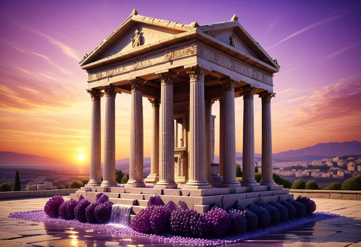 photo realistic,  roman temple, sunset, amethyst statue of zeus