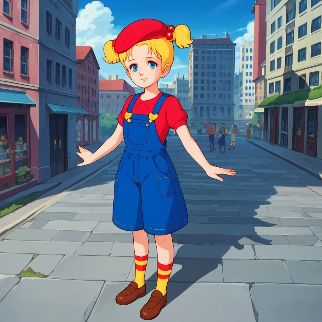 score_9, score_8_up, score_7_up, source_anime, (extremely detailed:1), (masterpiece, best quality, very aesthetic, ultra detailed), intricate details, 4k, beautiful background, ultra-detailed, perfect anatomy, perfect face, perfect hands, perfect fingers, perfect eyes, 1girl, solo, Sandybell, blue eyes, blonde hair, twintails, short twintails, hair ornament, hair bobbles, freckles, dress, red dress, overalls, hat, beret, red beret, socks, striped, brown footwear, full body, standing, in the city, camera, camera in hand, front view,