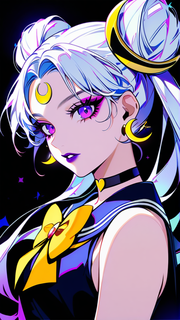 Alternative Sailor Moon, 1girl, solo, long hair, looking at viewer, bangs, shirt, hair ornament, bow, twintails, jewelry, purple eyes, upper body, white hair, earrings, parted lips, sleeveless, choker, bowtie, sailor collar, hair bun, from side, parted bangs, black shirt, eyelashes, sleeveless shirt, double bun, makeup, facial mark, lipstick, crescent, black background, tassel, yellow bow, eyeshadow, circlet, forehead mark, alternate eye color, alternate hair color, star earrings, dark persona, sailor senshi uniform, purple lips, crescent earrings, crescent facial mark, PonyXLV6_Scores, <lora:AltMoonPonyXL:1>